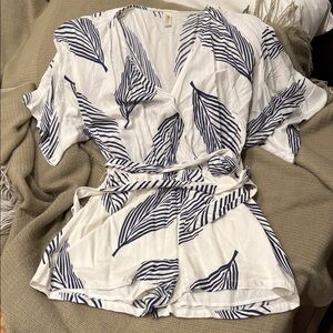 Mahina White and Blue Leaf Print Jumpsuit